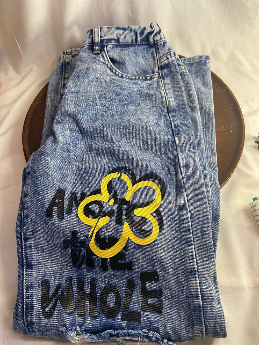SHEIN Acid Wash Blue Jeans with Yellow Graphic Flower